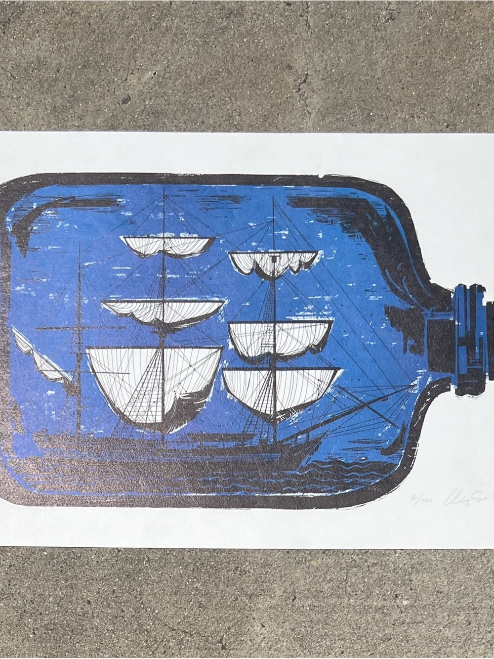 Signed Limited Edition Ship In A Bottle Print 23x15” Nautical Maritime Art Blue